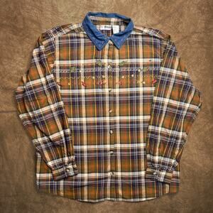 Vintage 90s VJ Woman Embroidered Foliage Flannel Plaid Shirt Denim Collar Floral